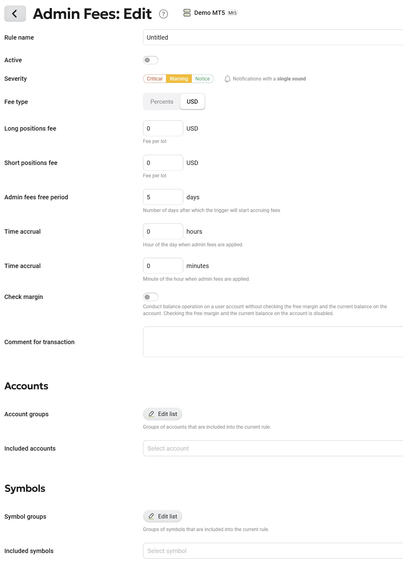 Admin Fees Settings
