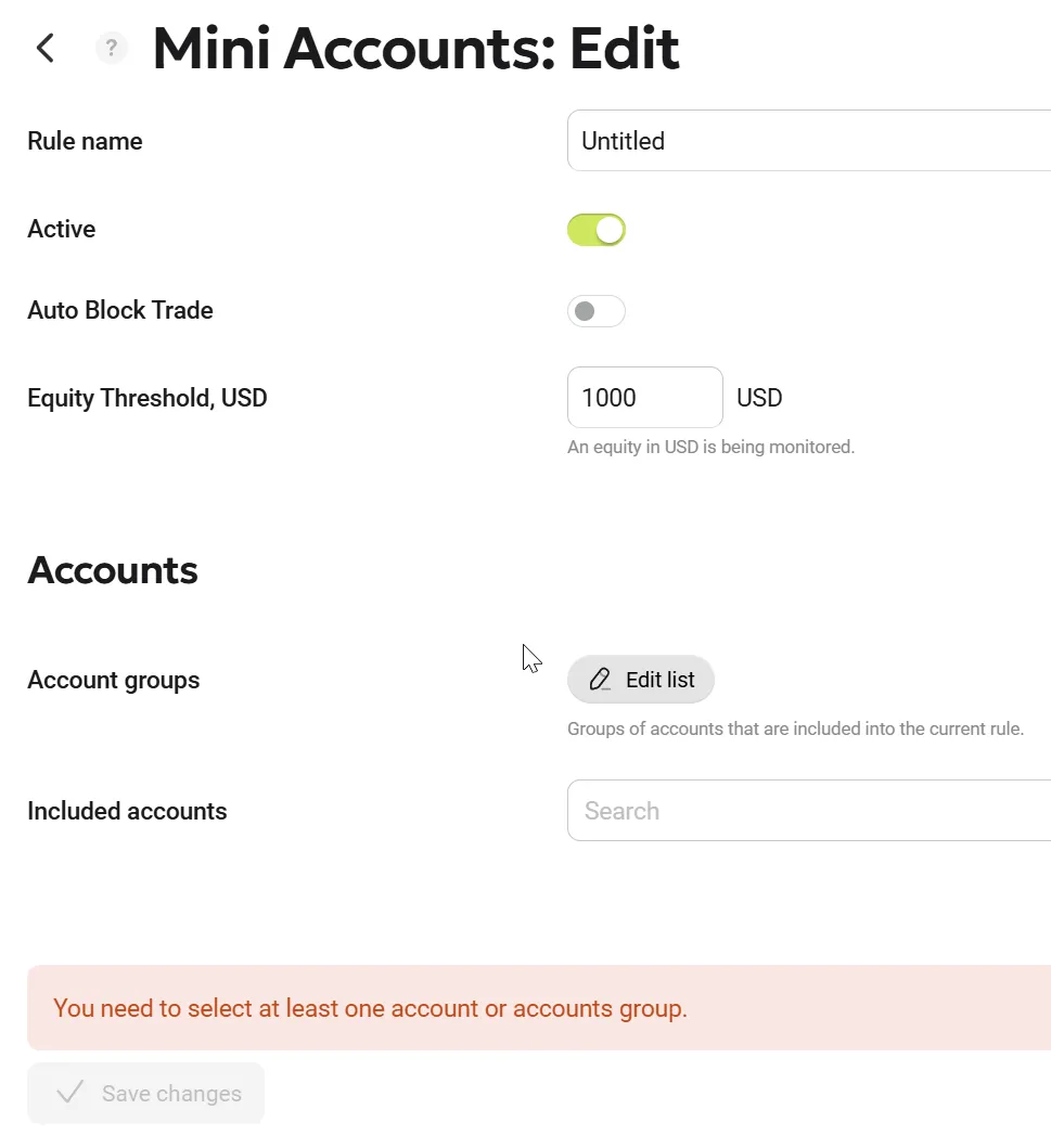 Mini Accounts Settings