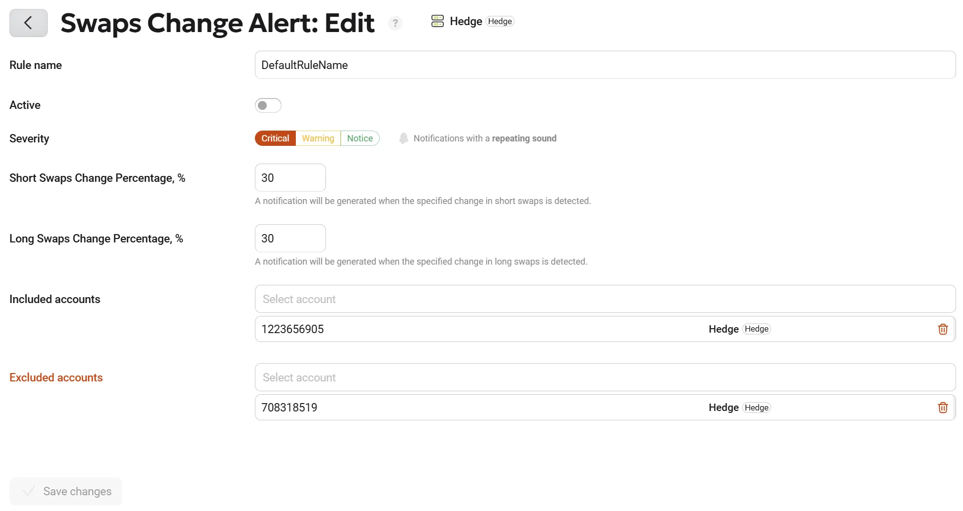 Swap Change Alert Settings