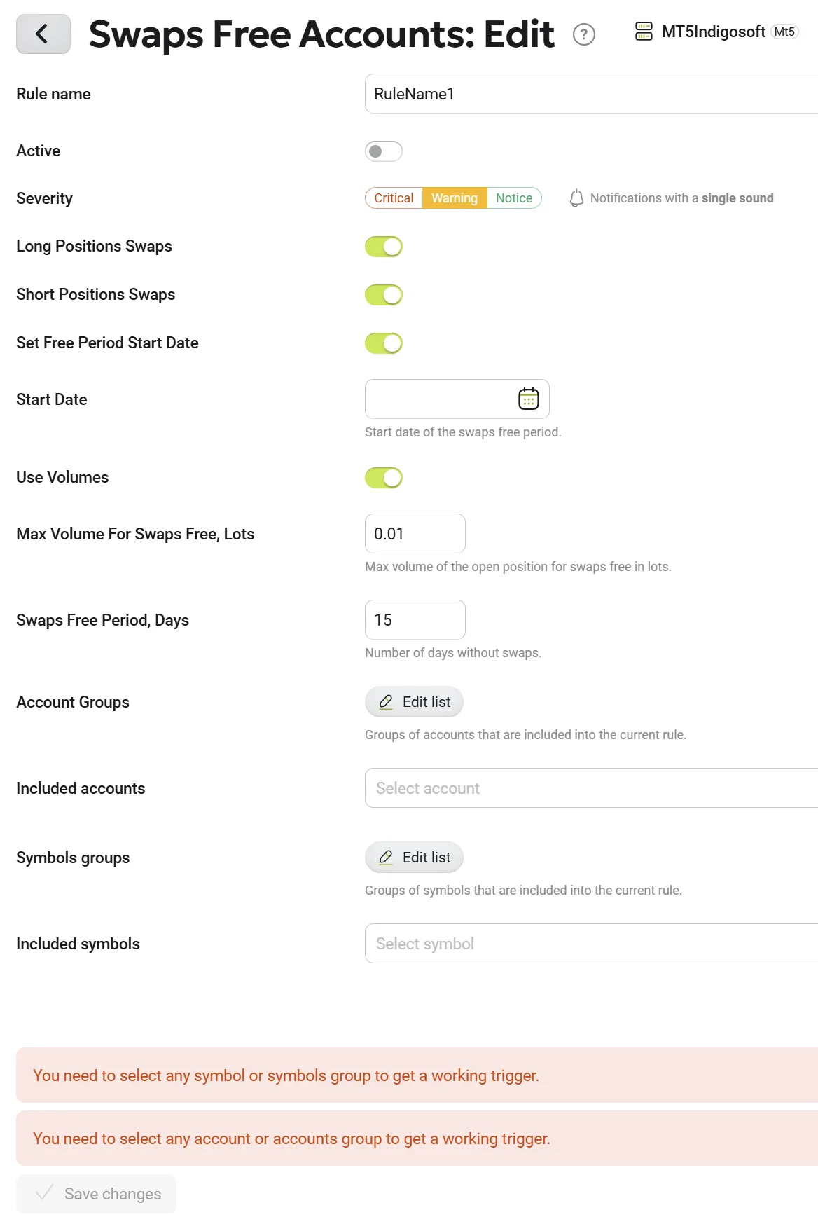 Swaps Free Settings