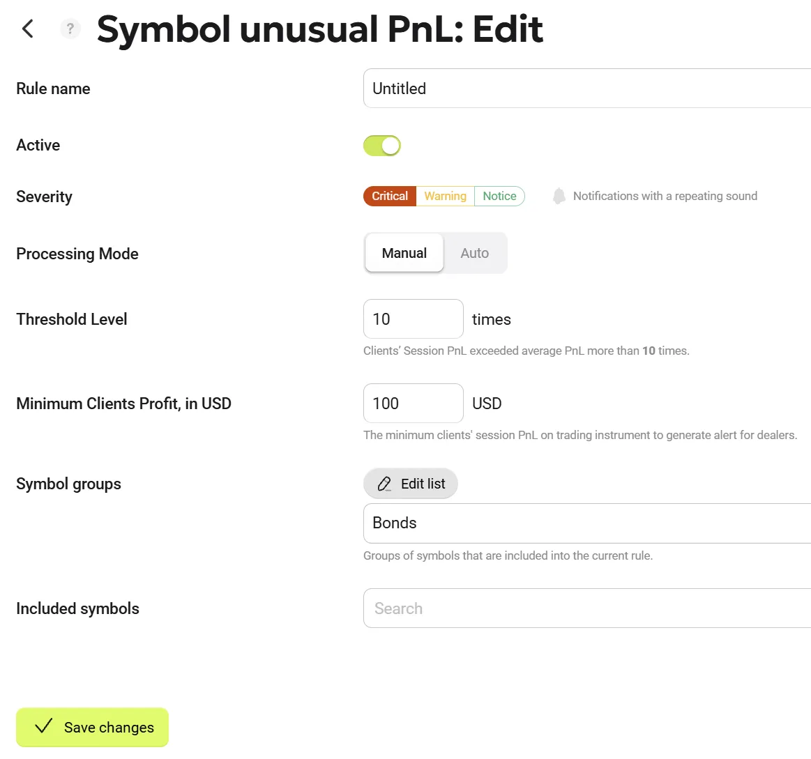 Symbol Unusual PnL Settings