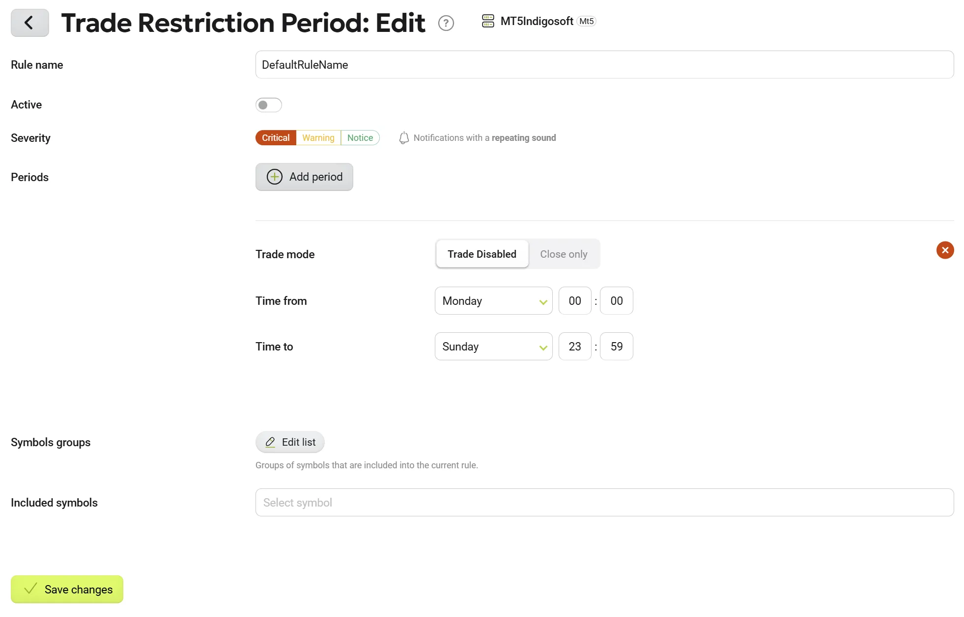 Trade Restriction Period Settings